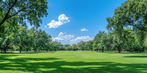 Green Grass Field in Park With Blue Sky and White Clouds