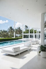 Naklejka premium Minimalist White Poolside Patio with Palm Trees