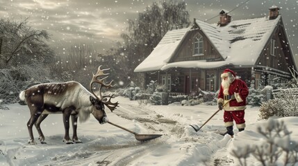 Santa Claus Shoveling Snow With a Reindeer Watching