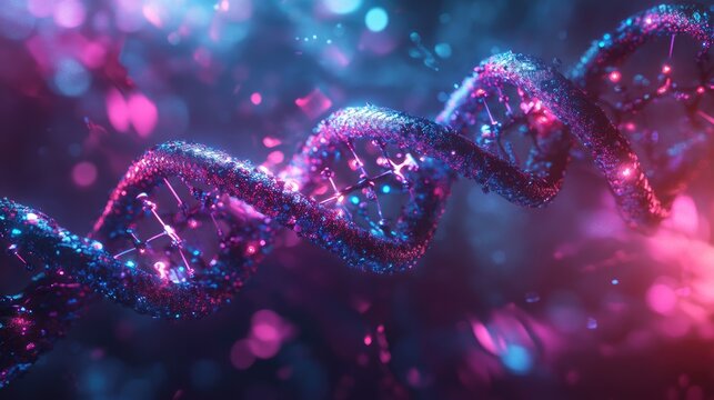 DNA strand with metallic and glowing elements, intertwined with abstract shapes, symbolizing the future of genetics.