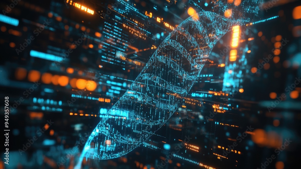 Poster futuristic representation of a dna strand in a digital environment, surrounded by data codes, emphas