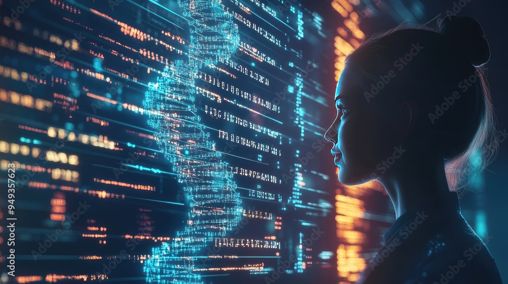 Poster futuristic representation of a dna strand in a digital environment, surrounded by data codes, emphas