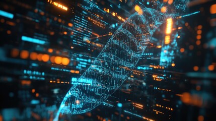 Fototapeta premium Futuristic representation of a DNA strand in a digital environment, surrounded by data codes, emphasizing genetic engineering.