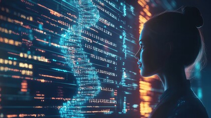 Obraz premium Futuristic representation of a DNA strand in a digital environment, surrounded by data codes, emphasizing genetic engineering.