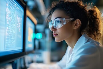 Focused researcher analyzing data on a sophisticated computer setup in a high-tech lab, showcasing dedication, technology, and scientific advancement.