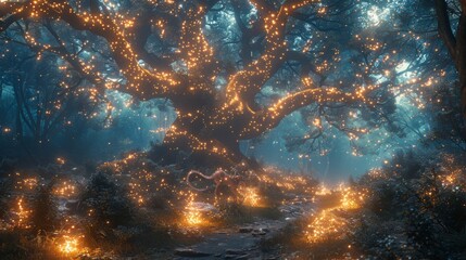 Fototapeta premium A magical forest scene with glowing fairy lights and mystical creatures, embodying wonder and joy