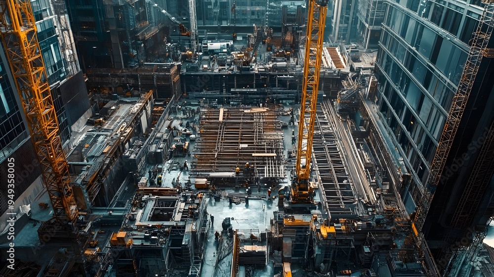 Poster cutting edge iot enabled machinery efficiently assembling intricate steel frameworks for the constru