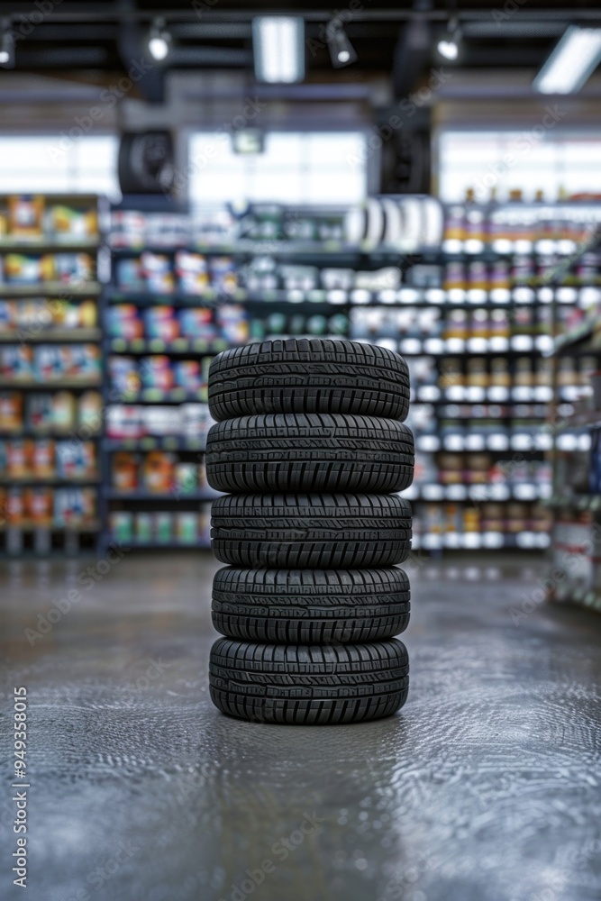 Poster a stack of tires sitting on a table in a store, perfect for automotive or retail use