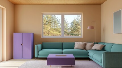 Minimalist teal couch, light walls, wood ceiling, purple furniture.