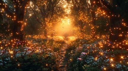 A magical forest scene with glowing fairy lights and mystical creatures, embodying wonder and joy