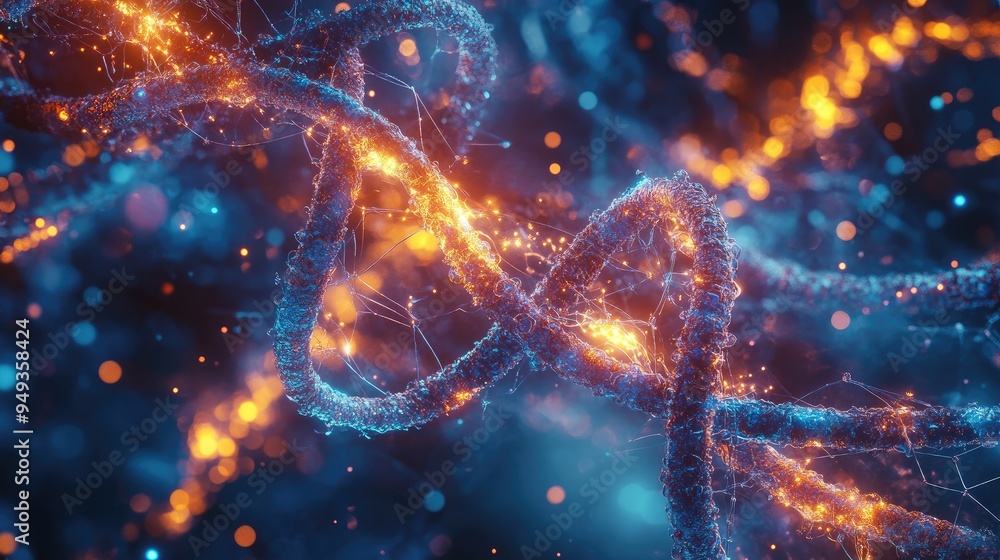 Poster molecular model of chromosomes intertwined with glowing chemical structures, emphasizing the complex