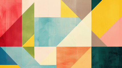 Abstract geometric background with colorful squares and triangle shapes in yellow, red, blue, green and pink