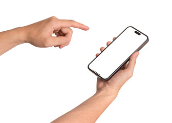 Hand using smartphone with blank screen isolated on white background. Concepts for business finance, Concept technology, Concept product advertising and Concept marketing. Image high quality for your 