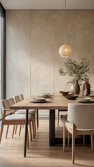 Minimalist Dining Room with Wooden Table and Beige Walls