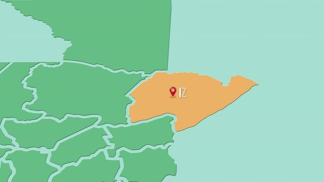 Mapa de Guatemala con divisi&oacute;n pol&iacute;tica resaltando el estado Izabal.