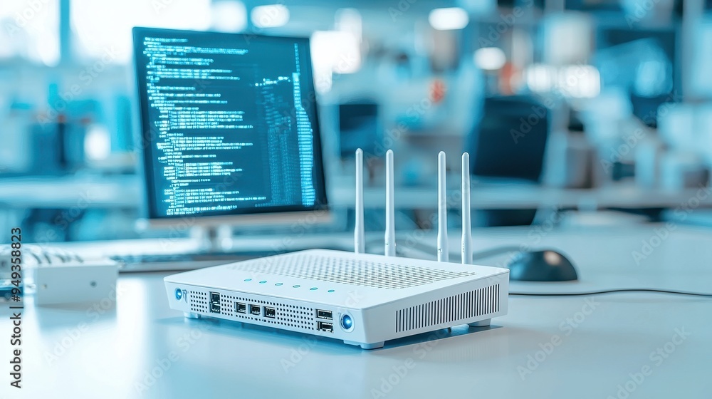 Aufkleber modern wireless router with antennas and computer monitor in office setting