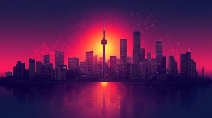 Obraz premium Silhouette of a city skyline at sunset with a vibrant gradient background.