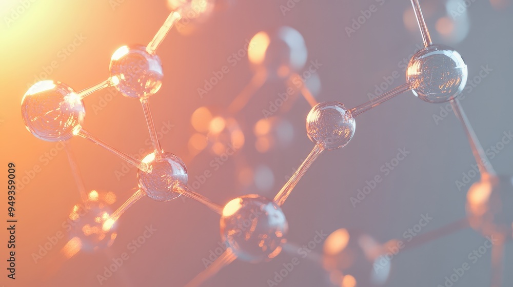 Poster molecular model with transparent, interconnected atoms, floating in a gradient space, representing a