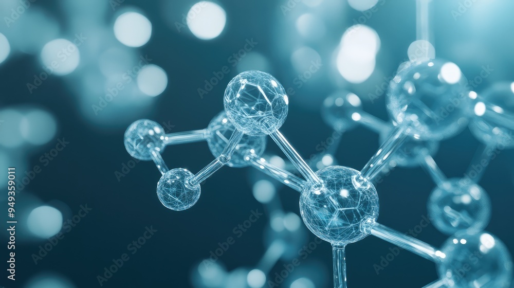 Poster molecular model with transparent, interconnected atoms, floating in a gradient space, representing a