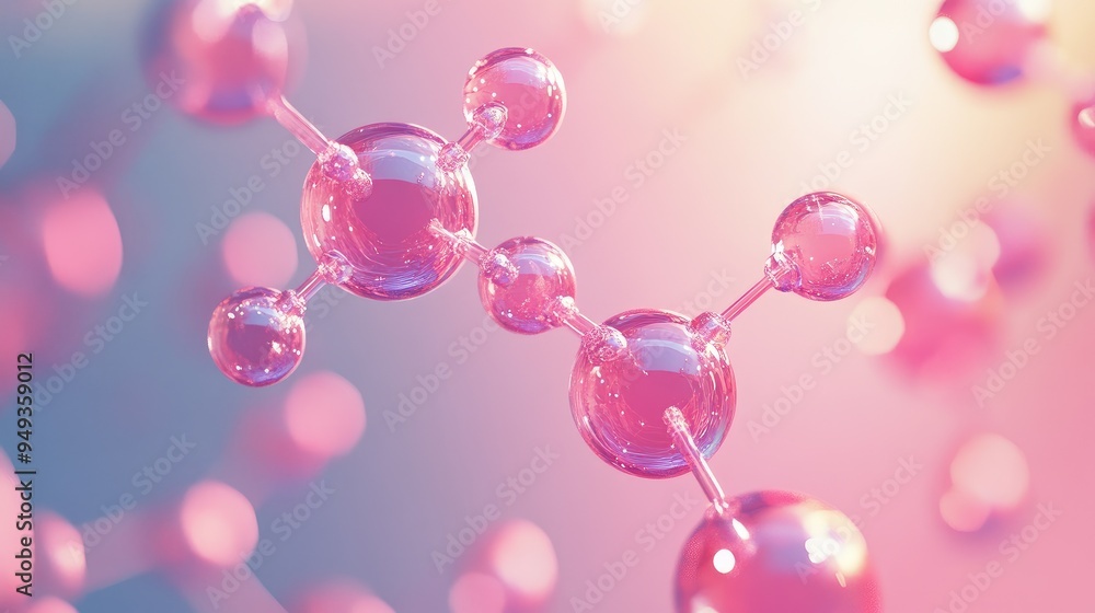 Poster molecular model with transparent, interconnected atoms, floating in a gradient space, representing a