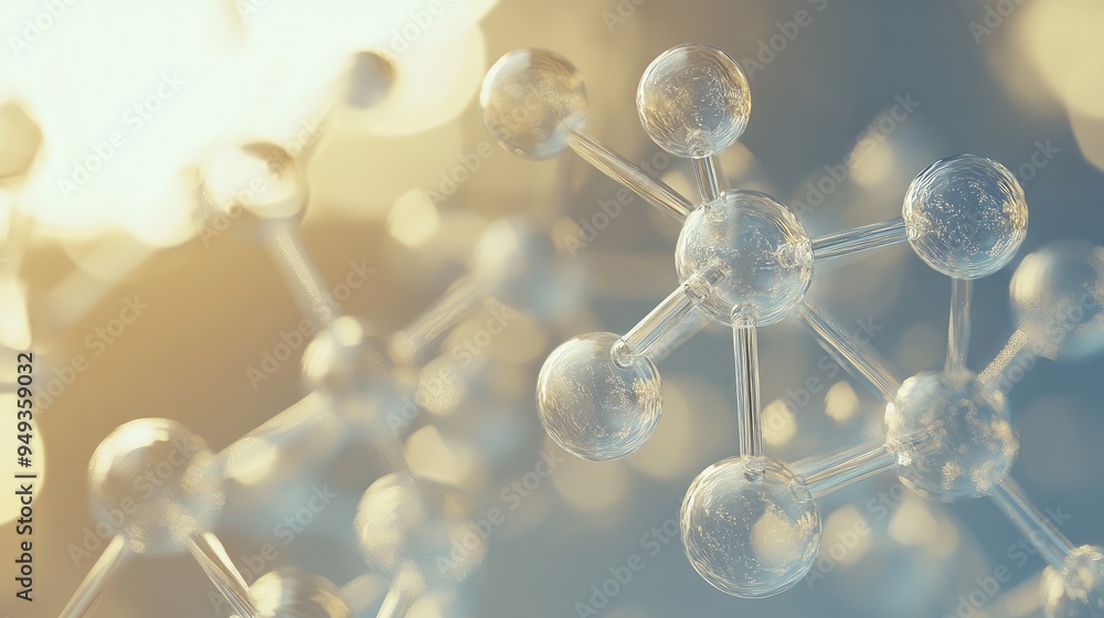 Poster molecular model with transparent, interconnected atoms, floating in a light gradient space, symboliz