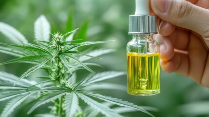 Fototapeta premium CBD Oil Dropper Bottle and Marijuana Plant