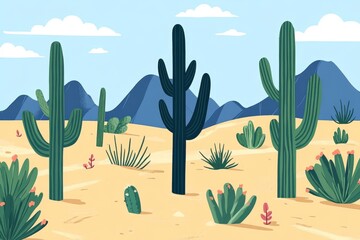 A desert landscape with tall cacti, smaller cacti, sand dunes, and mountains in the background.
