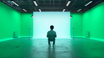 Obraz premium A man sits in a chair in front of a green wall