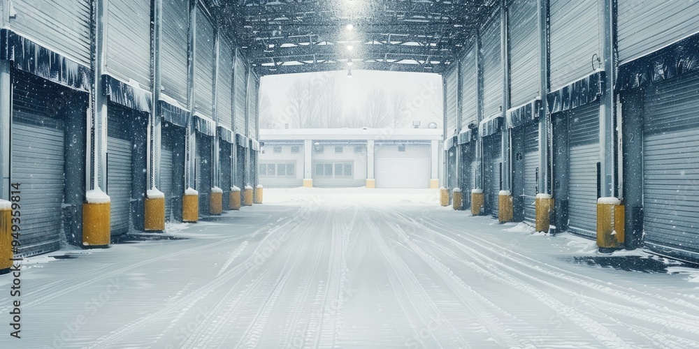 Aufkleber snow covered empty loading bay at a vast logistics warehouse in harsh weather conditions