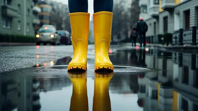 Walking in yellow rain boots on a rainy street amidst city reflections in puddles during a cloudy day