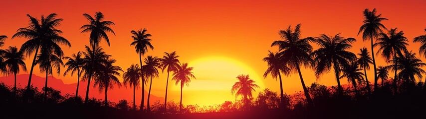 Silhouette of palm trees against a vibrant orange sunset.