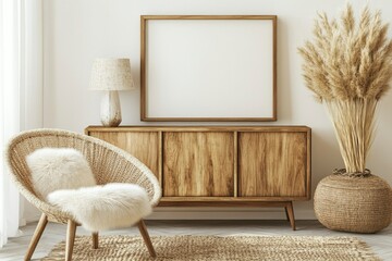 Modern Living Room with Wooden Cabinet, Plush Chair, and Pampas Grass