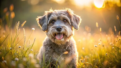 Warm sunlight softens the schnoodle's cotton-soft fur as it frolics in the dewy meadow, playful tongue-loll and gentle eyes broadcasting carefree joy amidst nature's serene backdrop.