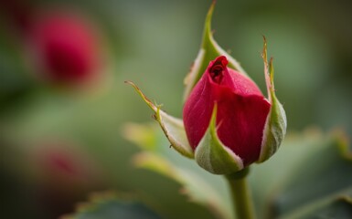 Red Rosebud Gently Unfolding in Close-Up