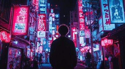Fototapeta premium Neon Lights and Shadows in a Japanese Alleyway
