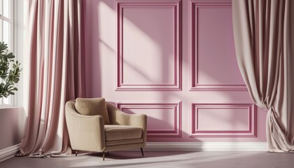 Elegant living area in 3D with magenta frames, sepia chair, and light pink curtains.