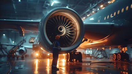 A mechanic doing engine inspection on the plane