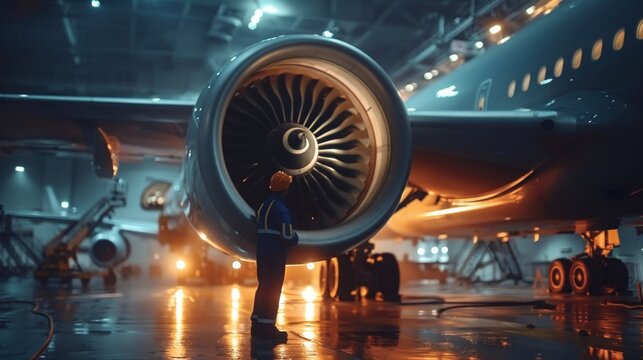 A mechanic doing engine inspection on the plane