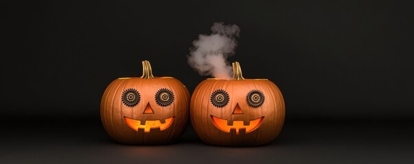 Steampunk jack-o'-lantern with intricate metalwork, gears, and glowing mechanical eyes, giving it an industrial, spooky vibe, Halloween steampunk, mechanical pumpkin