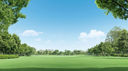Fototapeta premium Lush Green Grass Field with Blue Sky and White Clouds Tranquil Nature Landscape