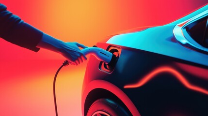 A close-up of an electric car being charged, highlighting the connection between technology and sustainable transportation.