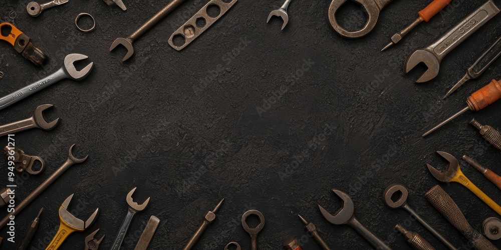 Poster tools background black background wrench spanner tools collection tools set mechanic tools