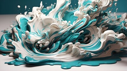 Gorgeous digital art 3D drawing of teal and white liquid ink churning together. It has a realistic texture and is of excellent quality for an abstract subject. 