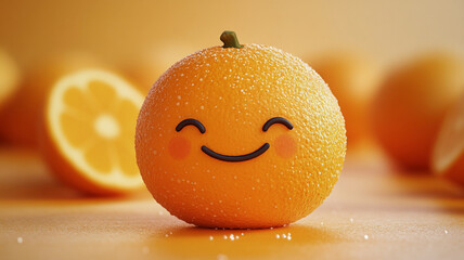 A cheerful orange character with a smiling face surrounded by fresh oranges on a vibrant background
