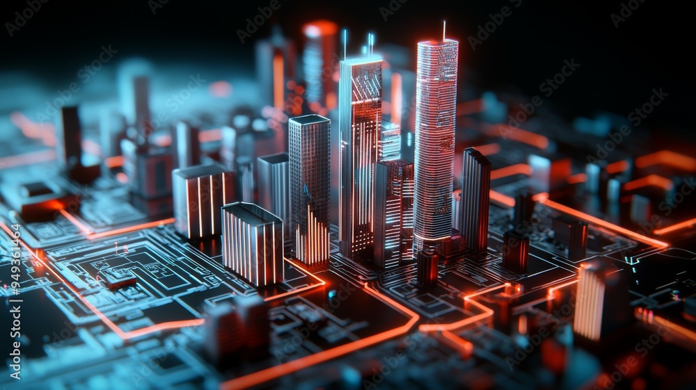 Poster a city is shown in a computer generated image with buildings and streets