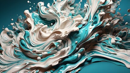Gorgeous digital art 3D drawing of teal and white liquid ink churning together. It has a realistic texture and is of excellent quality for an abstract subject. 