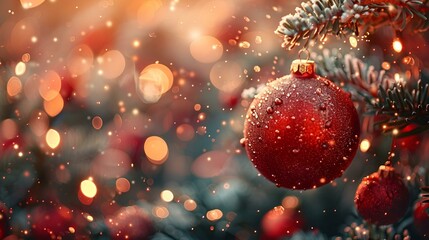 a red ornament on a tree. 