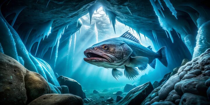 Within a dark Antarctic trench, the Antarctic Toothfish shines in ethereal blue, surrounded by fluttering crystals, bioluminescent plankton, and ancient, ice-crusted ruins
