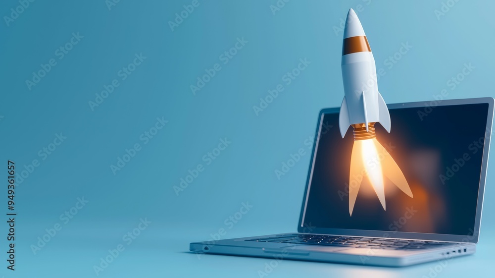 Poster a laptop computer with a rocket on the screen
