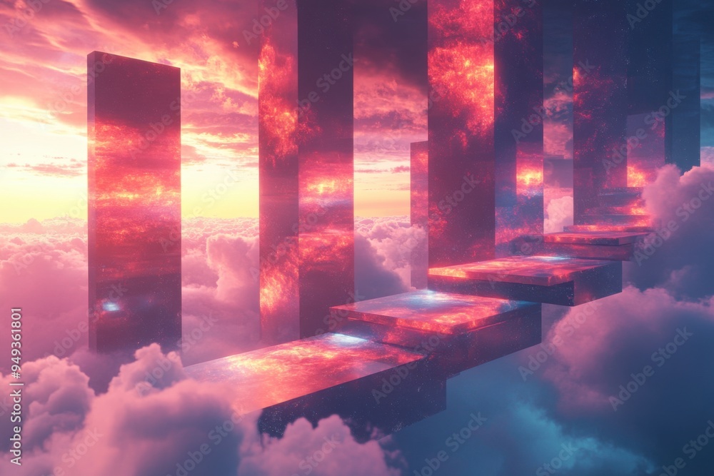 Poster shifting perspectives on floating platforms in dynamic 3d space - abstract illustration concept